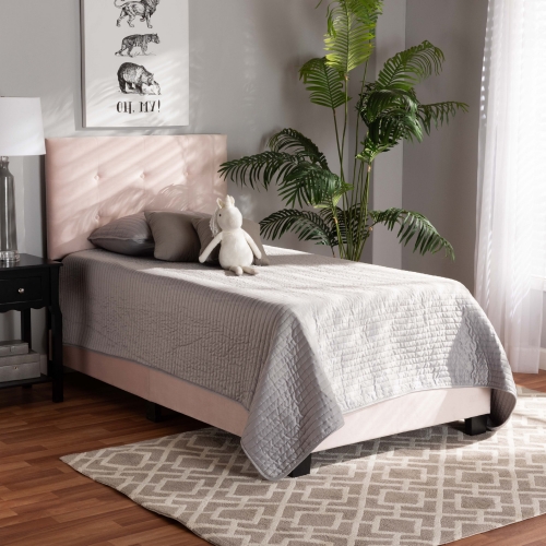 Caprice Twin Panel Bed in Tufted Light Pink Velvet