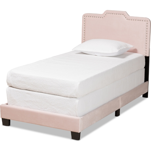 Benjen Twin Panel Bed in Light Pink Velvet w/ Nailhead Trim