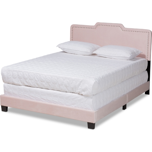 Benjen Queen Panel Bed in Light Pink Velvet w/ Nailhead Trim