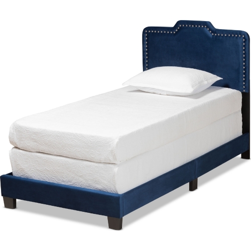 Benjen Twin Panel Bed in Navy Blue Velvet w/ Nailhead Trim