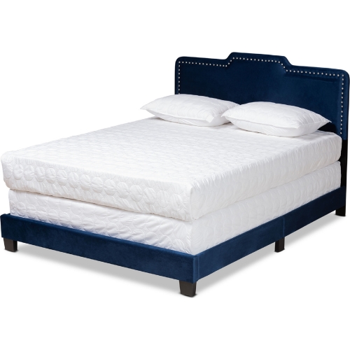 Benjen Full Panel Bed in Navy Blue Velvet w/ Nailhead Trim