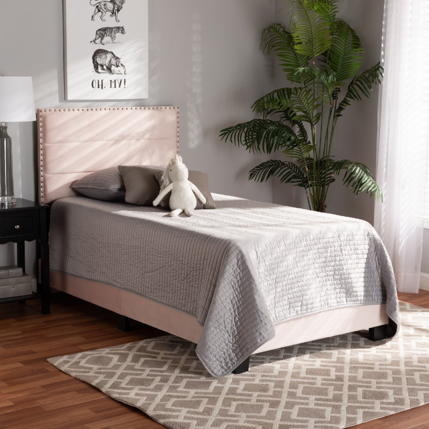 Baxton CF9210E Light Pink Velvet Twin Tamira Twin Panel Bed in