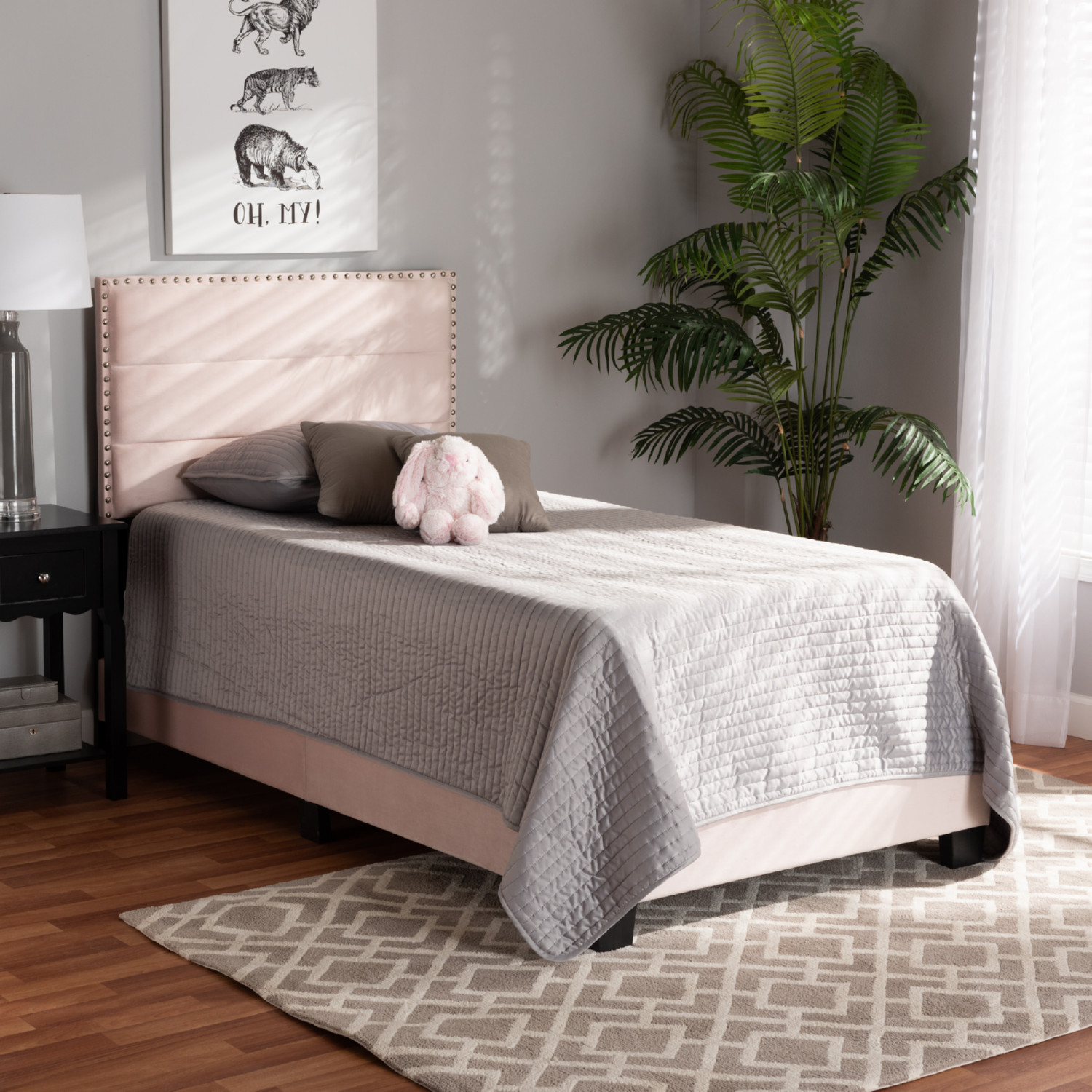 Baxton CF9210E Light Pink Velvet Twin Tamira Twin Panel Bed in