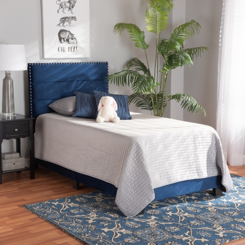 Tamira Twin Panel Bed in Channel Tufted Navy Blue Velvet