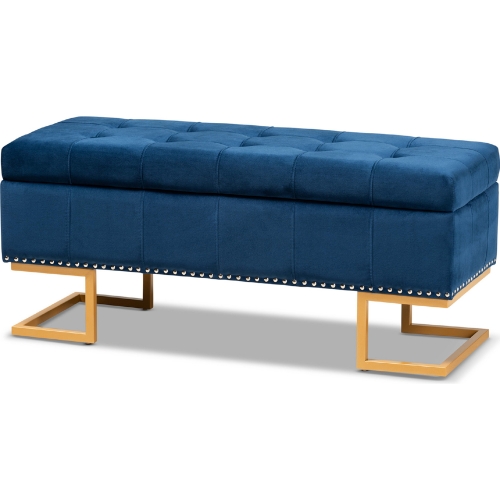 Ellery Storage Ottoman in Tufted Navy Blue Velvet & Gold Metal