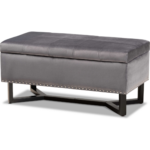 Esther Storage Ottoman in Gray Velvet & Dark Brown Wood