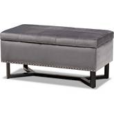 Esther Storage Ottoman in Gray Velvet & Dark Brown Wood