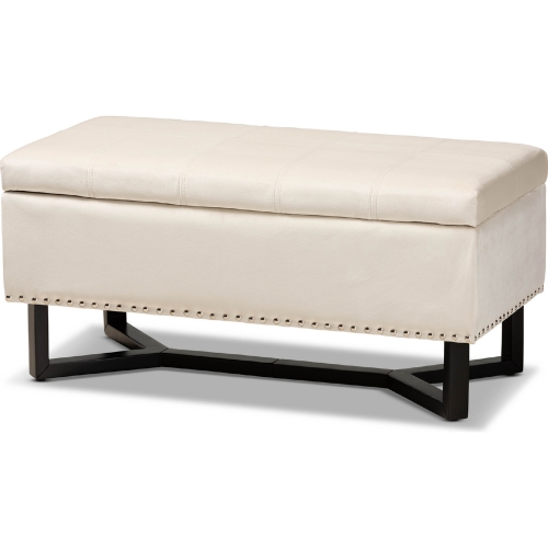 Esther Storage Ottoman in Beige Velvet & Dark Brown Wood