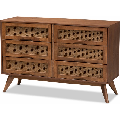 Barrett 6 Drawer Dresser in Walnut Brown Finish & Poly Rattan