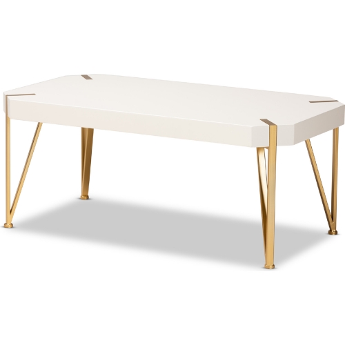 Kassa Coffee Table in White Wood & Brushed Gold Metal