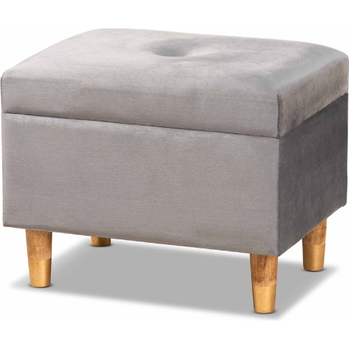 Elias Storage Ottoman in Gray Velvet & Oak Finish Wood