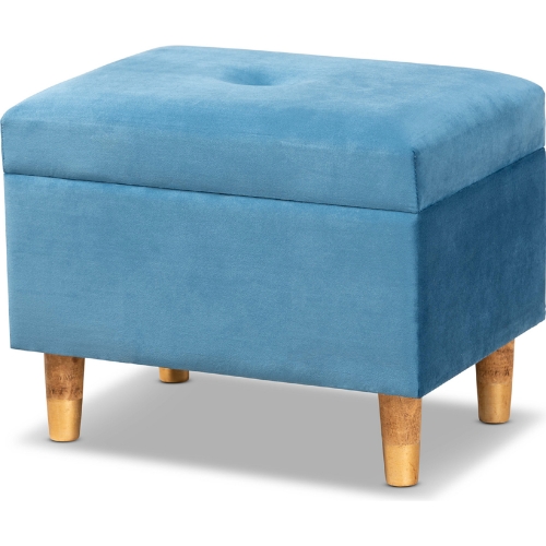 Elias Storage Ottoman in Sky Blue Velvet & Oak Finish Wood