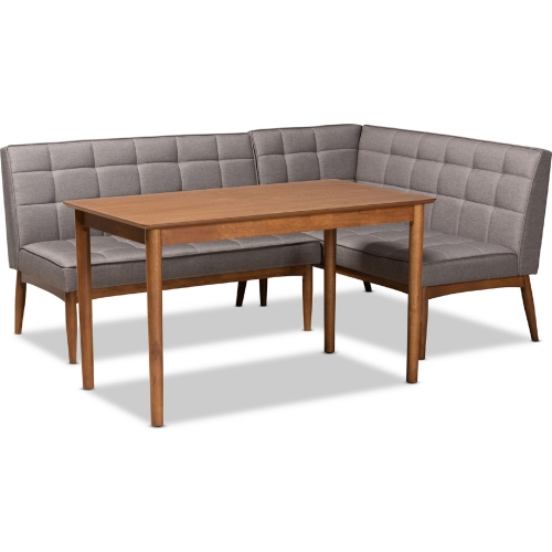 Sanford 3 Piece Dining Nook Set in Gray Fabric & Walnut Finish