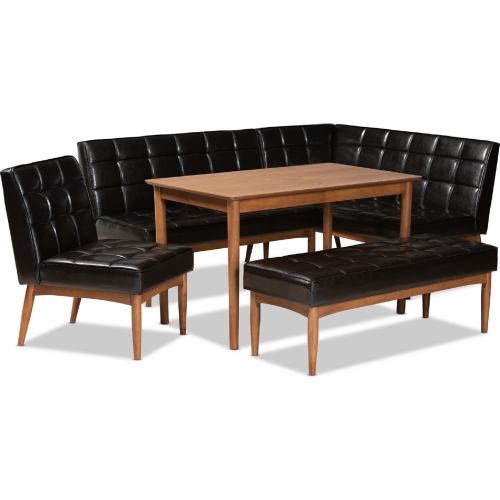 Sanford 5 Piece Dining Nook Set in Brown Leatherette & Walnut Finish