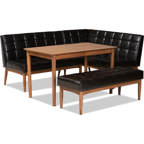 Sanford 4 Piece Dining Nook Set in Brown Leatherette & Walnut Finish