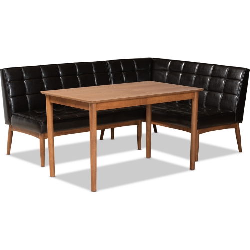 Sanford 3 Piece Dining Nook Set in Brown Leatherette & Walnut Finish