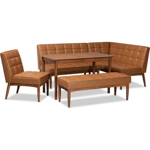 Sanford 5 Piece Dining Nook Set in Tan Leatherette & Walnut Finish