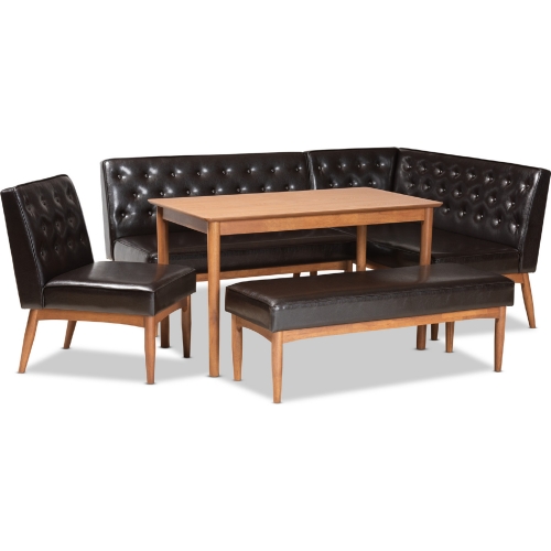 Riordan 5 Piece Dining Nook Set in Brown Leatherette & Walnut Finish