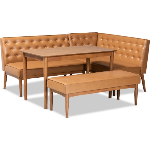 Riordan 4 Piece Dining Nook Set in Tan Leatherette & Walnut Finish