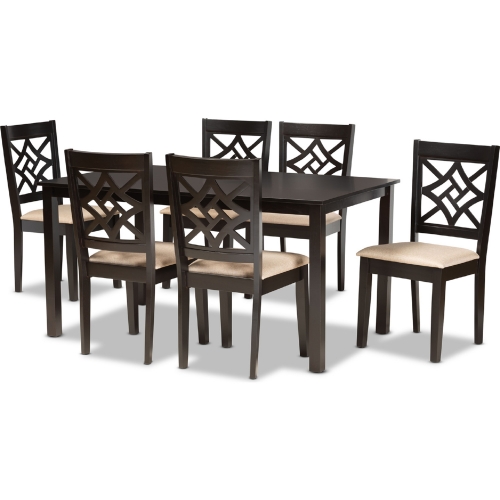 Nicolette 7 Piece Dining Set in Sand Fabric & Dark Wood