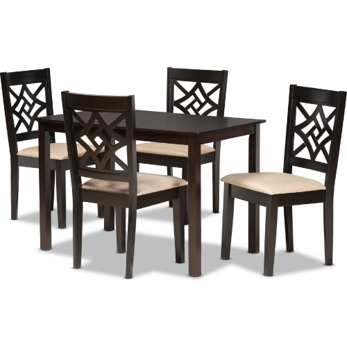 Nicolette 5 Piece Dining Set in Sand Fabric & Dark Brown Wood