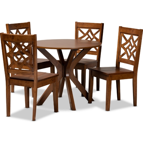 Miela 5 Piece Dining Set in Walnut Brown Wood