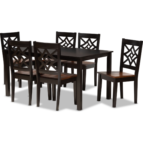 Nicolette 7 Piece Dining Set in Dark Brown & Walnut Finish