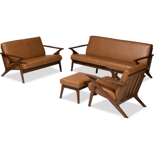 Bianca 4 Piece Sofa Set in Tan Leatherette & Walnut Finish Wood