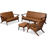 Bianca 4 Piece Sofa Set in Tan Leatherette & Walnut Finish Wood