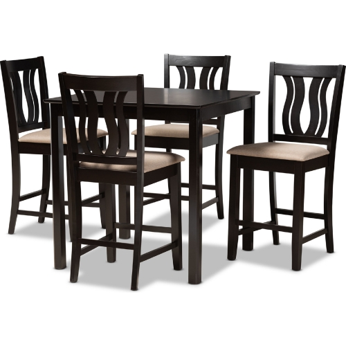 Fenton 5 Piece Counter Dining Set in Sand Fabric & Dark Brown Wood