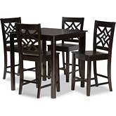 Nicolette 5 Piece Counter Dining Set in Dark Brown Wood