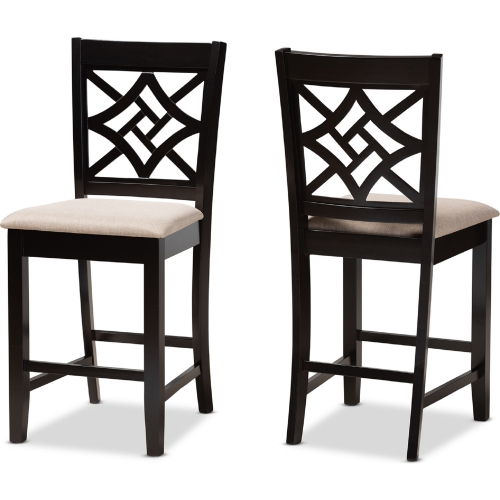 Nicolette Counter Stool in Sand fabric & Dark Brown Wood (Set of 2)