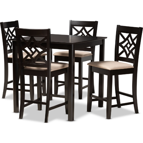 Nicolette 5 Piece Counter Dining Set Sand Fabric & Dark Wood