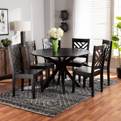 Ela 7 Piece Dining Set in Dark Brown Wood