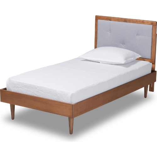 Saul Twin Platform Bed in Light Gray Fabric & Walnut Finish Wood