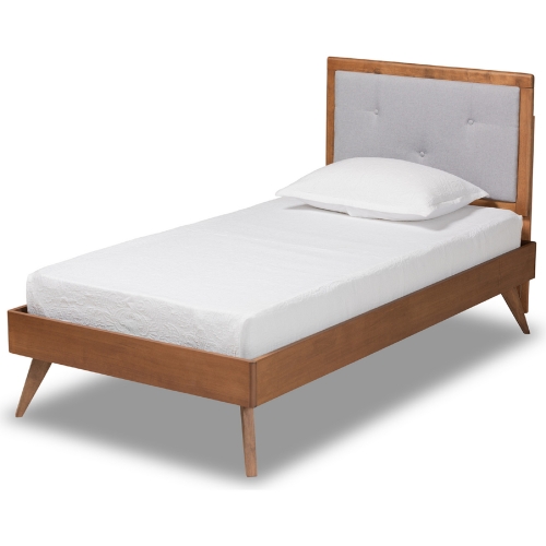 Laima Twin Platform Bed in Light Gray Fabric & Walnut Finish