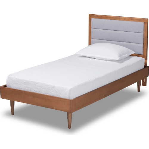 Seren Twin Platform Bed in Light Gray Fabric & Walnut Finish Wood