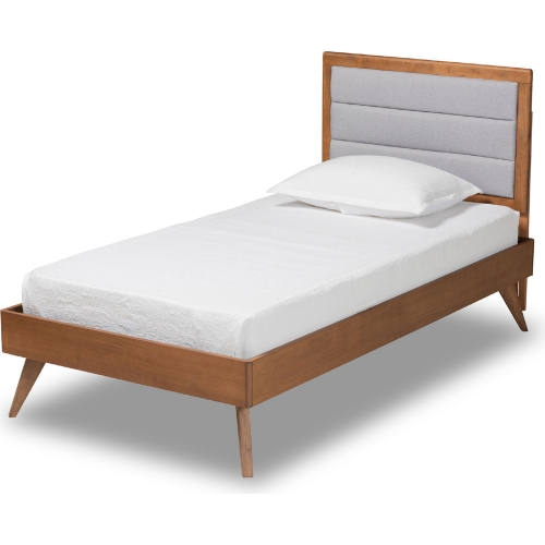 Linn Twin Platform Bed in Light Gray Fabric & Walnut Finish