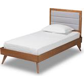 Linn Twin Platform Bed in Light Gray Fabric & Walnut Finish