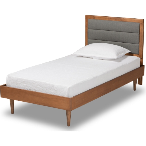 Seren Twin Platform Bed in Dark Gray Fabric & Walnut Finish Wood