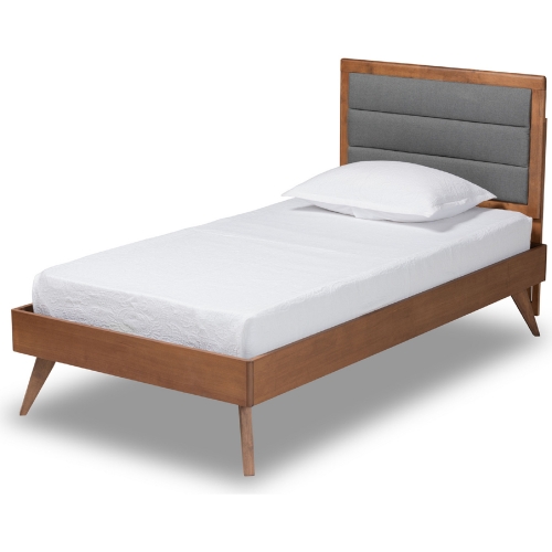 Linn Twin Platform Bed in Dark Gray Fabric & Walnut Finish