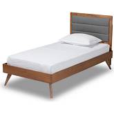 Linn Twin Platform Bed in Dark Gray Fabric & Walnut Finish