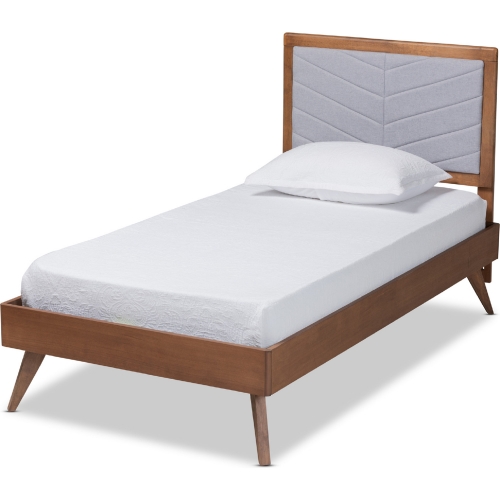 Roze Twin Platform Bed in Light Gray Fabric & Walnut Finish