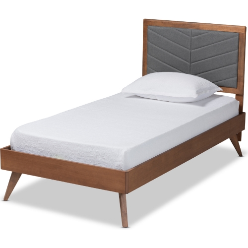 Roze Twin Platform Bed in Dark Gray Fabric & Walnut Finish