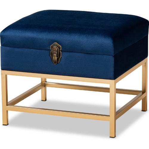 Aliana 16" Storage Ottoman in Navy Blue Velvet & Gold Metal