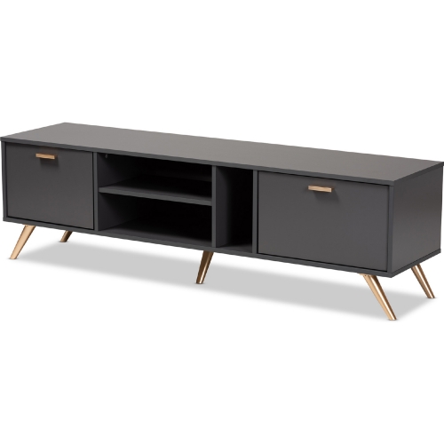 Kelson 63" TV Stand in Dark Gray Wood & Gold