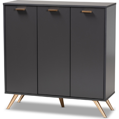 Kelson 3 Door Shoe Cabinet in Dark Gray Wood & Gold