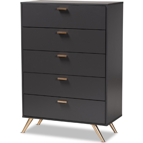 Kelson 5 Drawer Chest in Dark Gray Wood & Gold