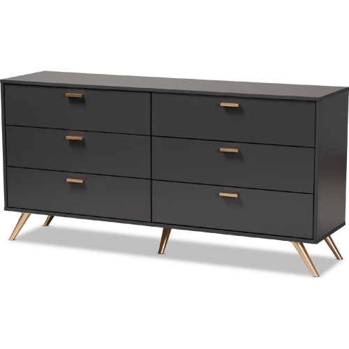 Kelson 6 Drawer Dresser in Dark Gray Wood & Gold