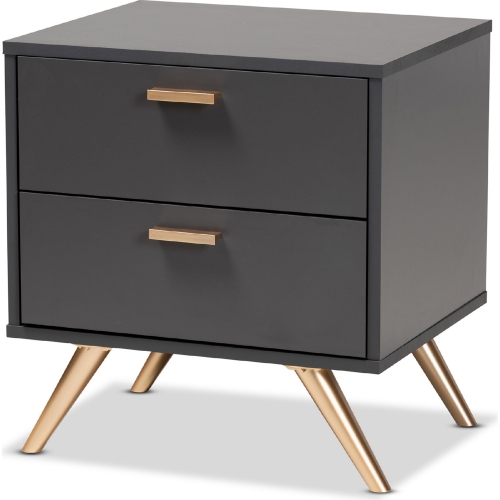 Kelson 2 Drawer Nightstand in Dark Gray Wood & Gold